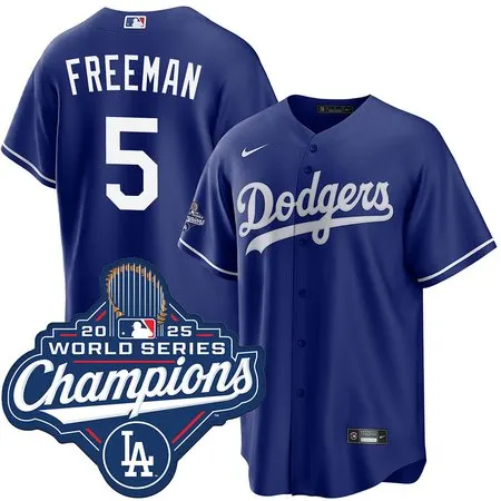 Men's Los Angeles Dodgers #5 Freddie Freeman  Royal 2025 World Series Champions Home Replica Jersey