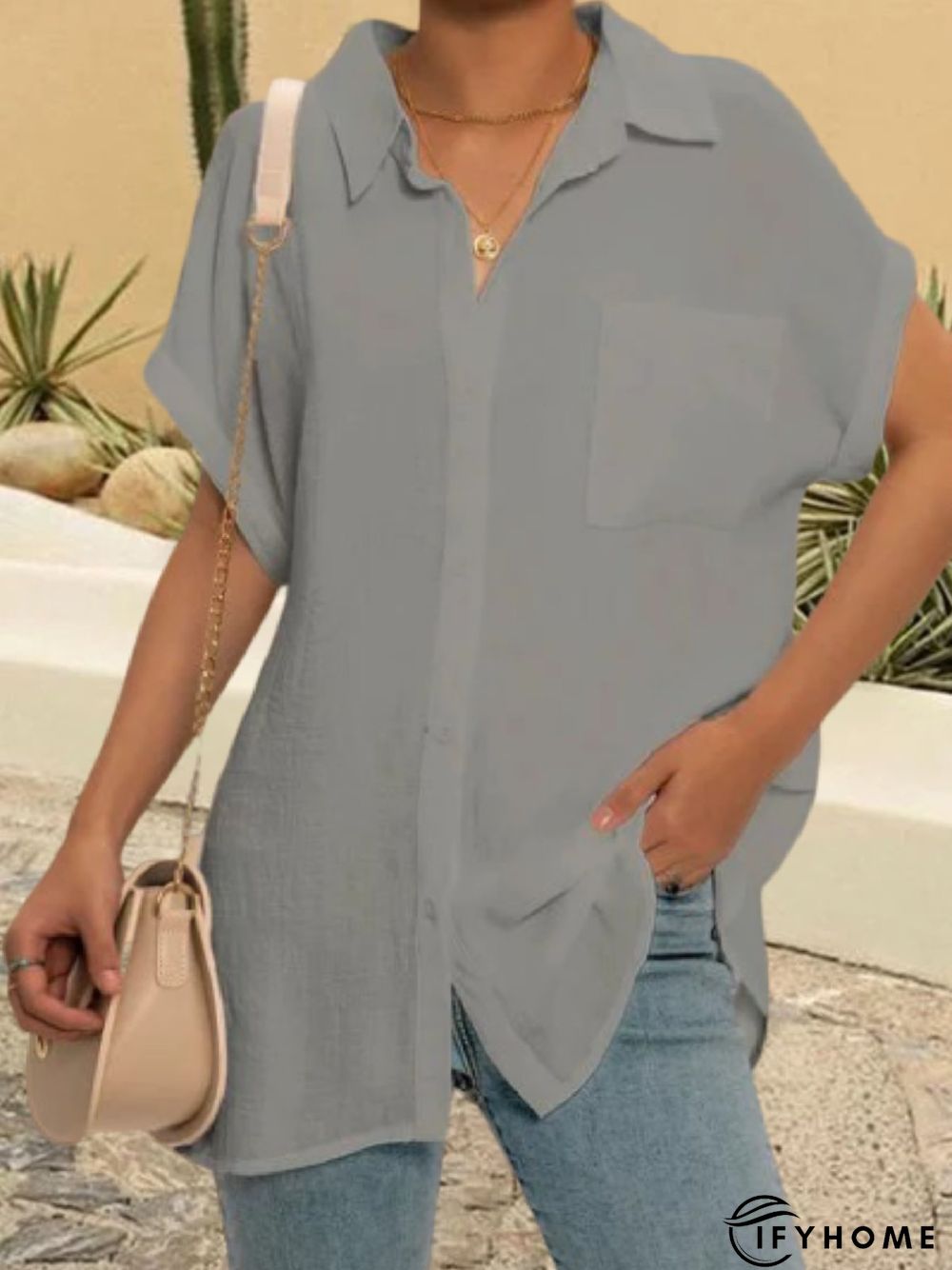 Women Solid Color V Neck Short Sleeve Casual Tunic Blouse | IFYHOME