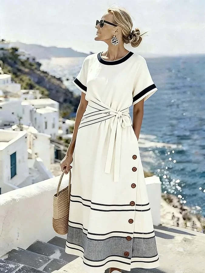 Women'S Casual Color-Block Striped Dress