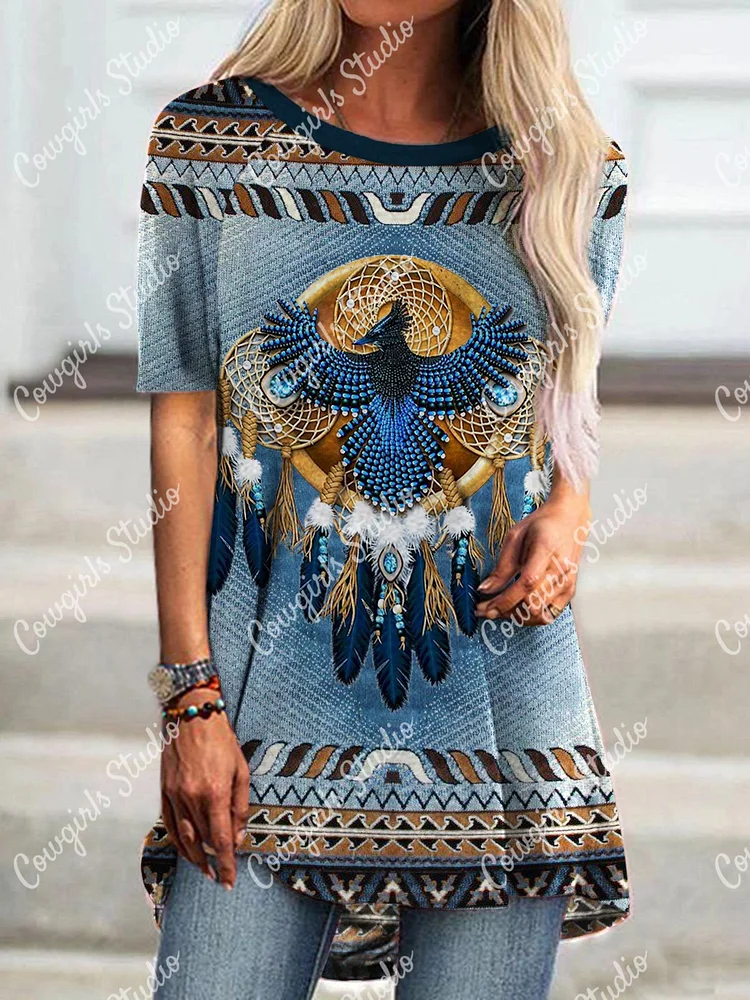 Crew Neck Tribal Blue Eagle Short Sleeve T-Shirt