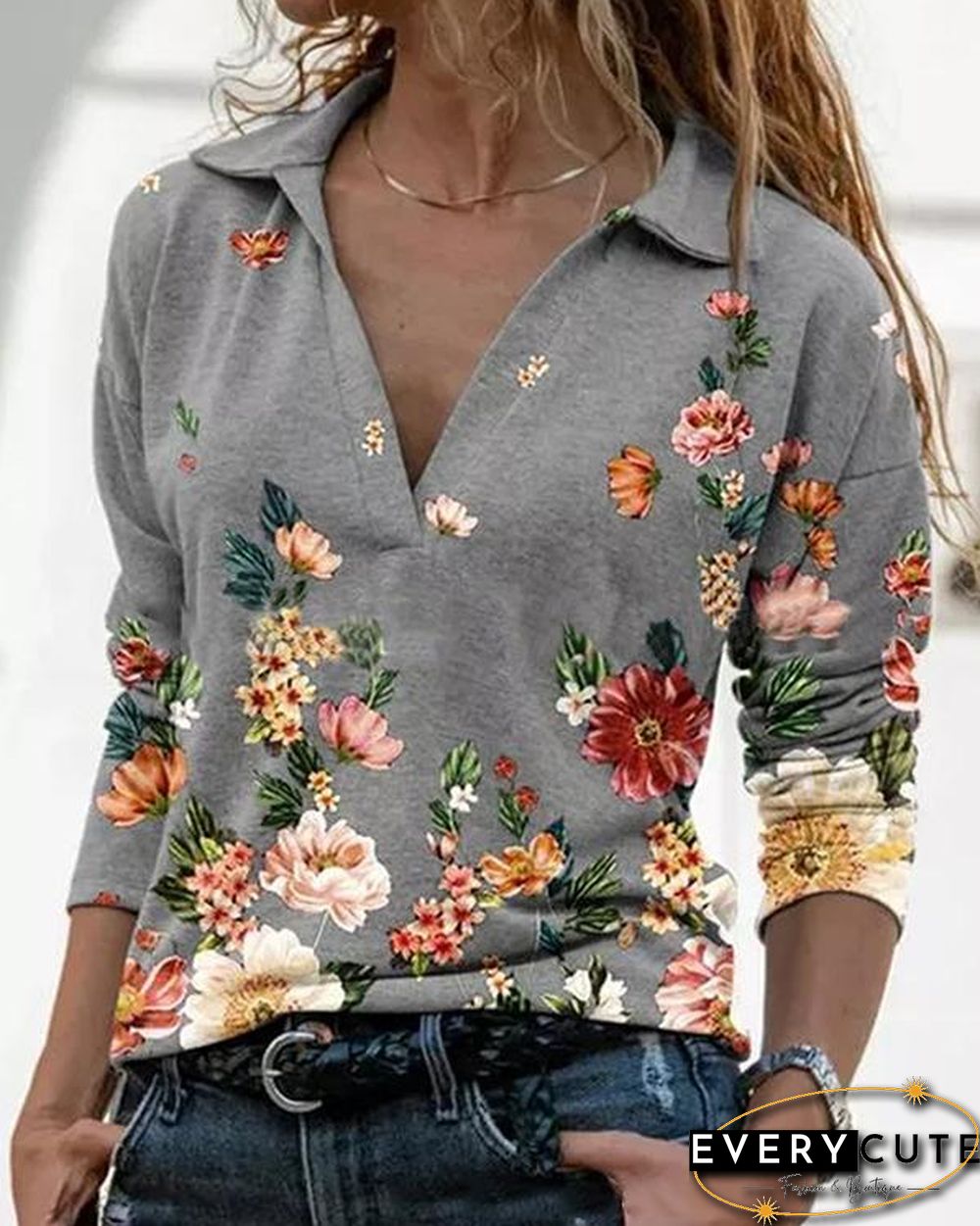 Women Printed Long Sleeve V Neck Shirts
