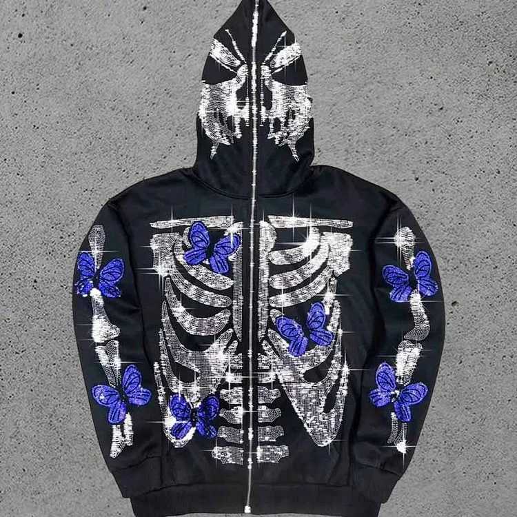 Gothic Butterfly Skull Rhinestones Hoodie Hip Hop Full Zip Up Hoodie Jacket at Hiphopee