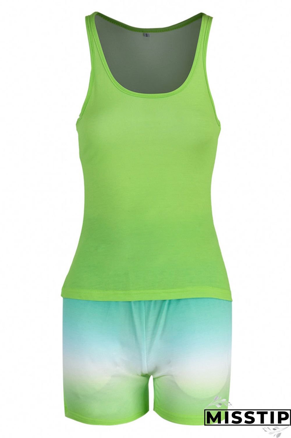 Fluorescent Green Casual Gradual Change Print Patchwork U Neck Sleeveless Two Pieces