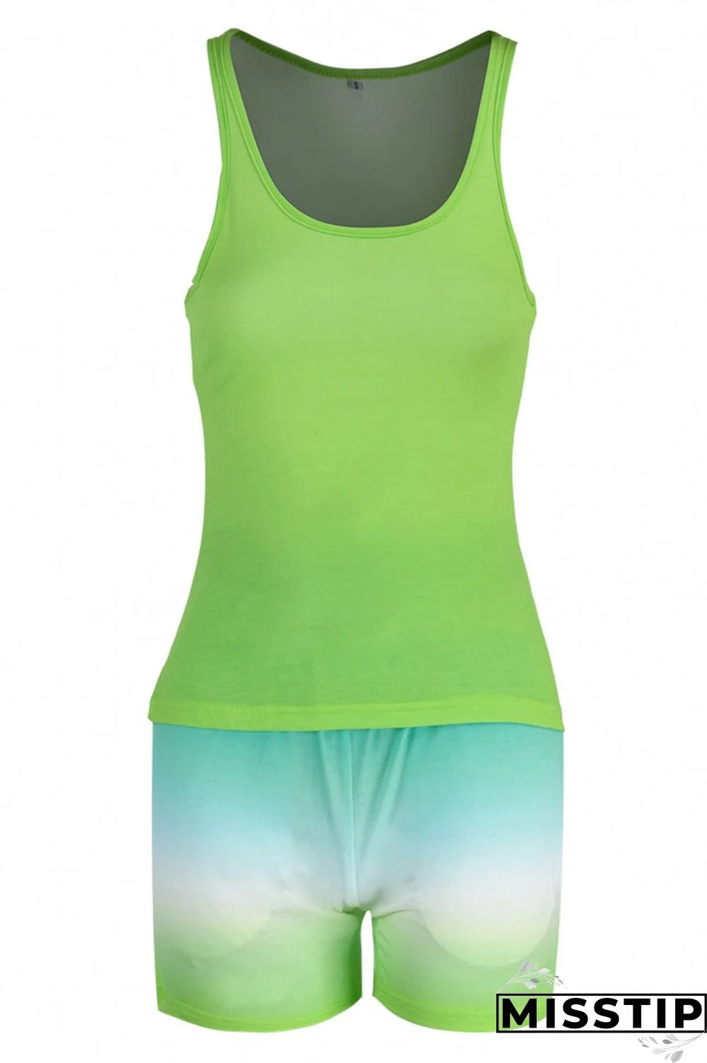 Fluorescent Green Casual Gradual Change Print Patchwork U Neck Sleeveless Two Pieces