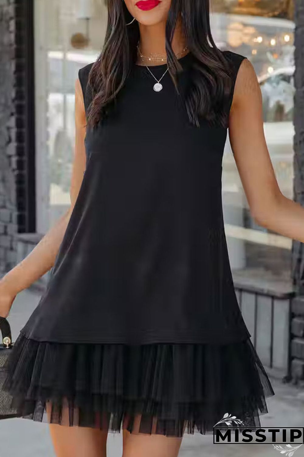 Black Casual Solid Patchwork O Neck A Line Dresses