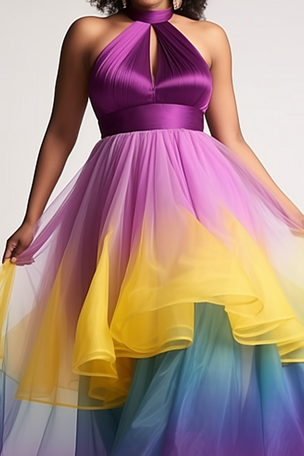 Design Plus Size Semi Formal Elegant Purple Colorblock Halter Collar Cut Out Layered Tulle Maxi Dresses [Pre-Order]