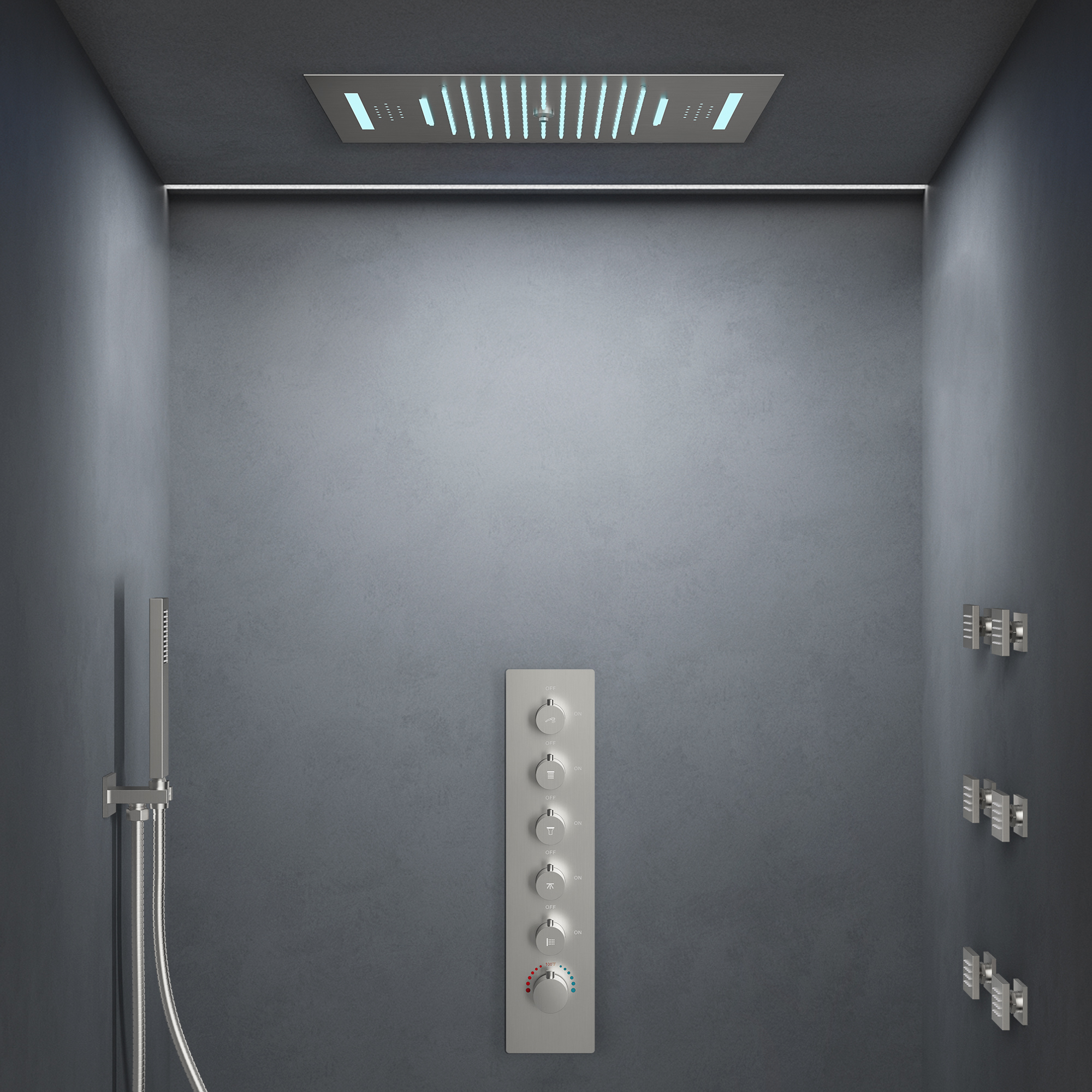 Aurora Symphony LED Bluetooth Shower 5-Spray Ceiling Mount 23 and 15 in. Fixed Shower Head with Handheld 6-Jets in Matte Black