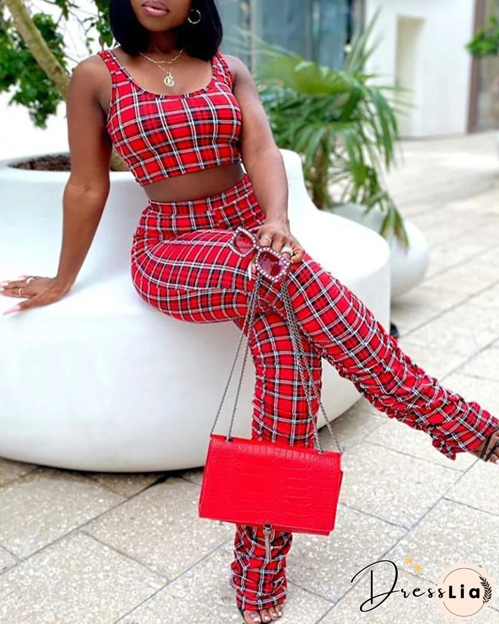 Plaid Print Crop Tank Top & High Waist Fold Pants Set