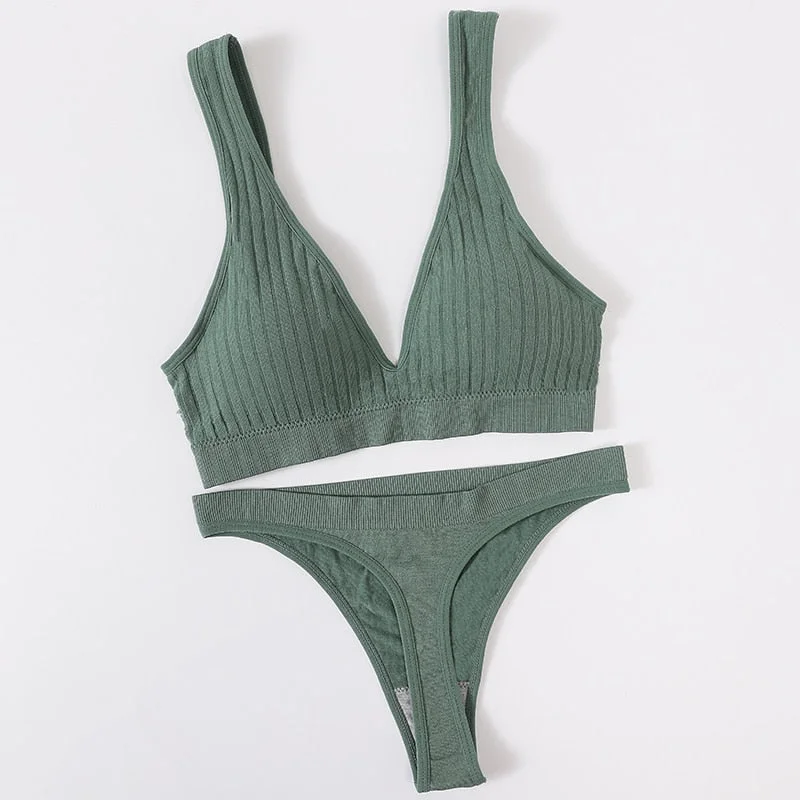 Women's Underwear Sports Bra Panties Set Female Wirefree Brassiere Seamless Top Sexy Set High Waist Brief V Neck Lingerie Set