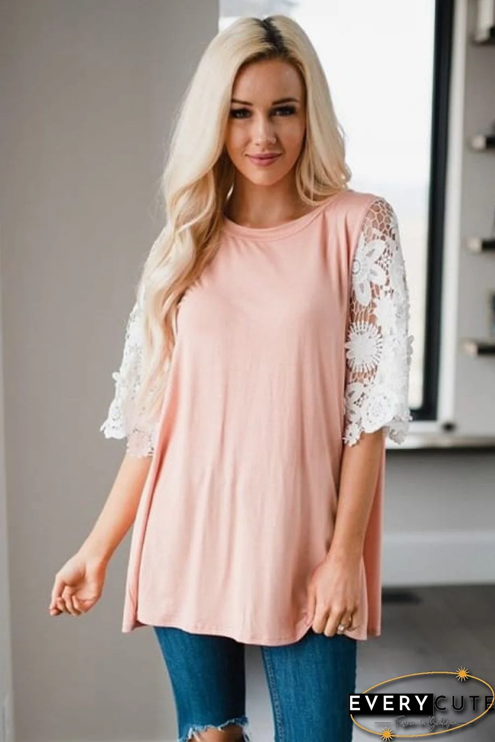Pink Lace Sleeves Tunic Top