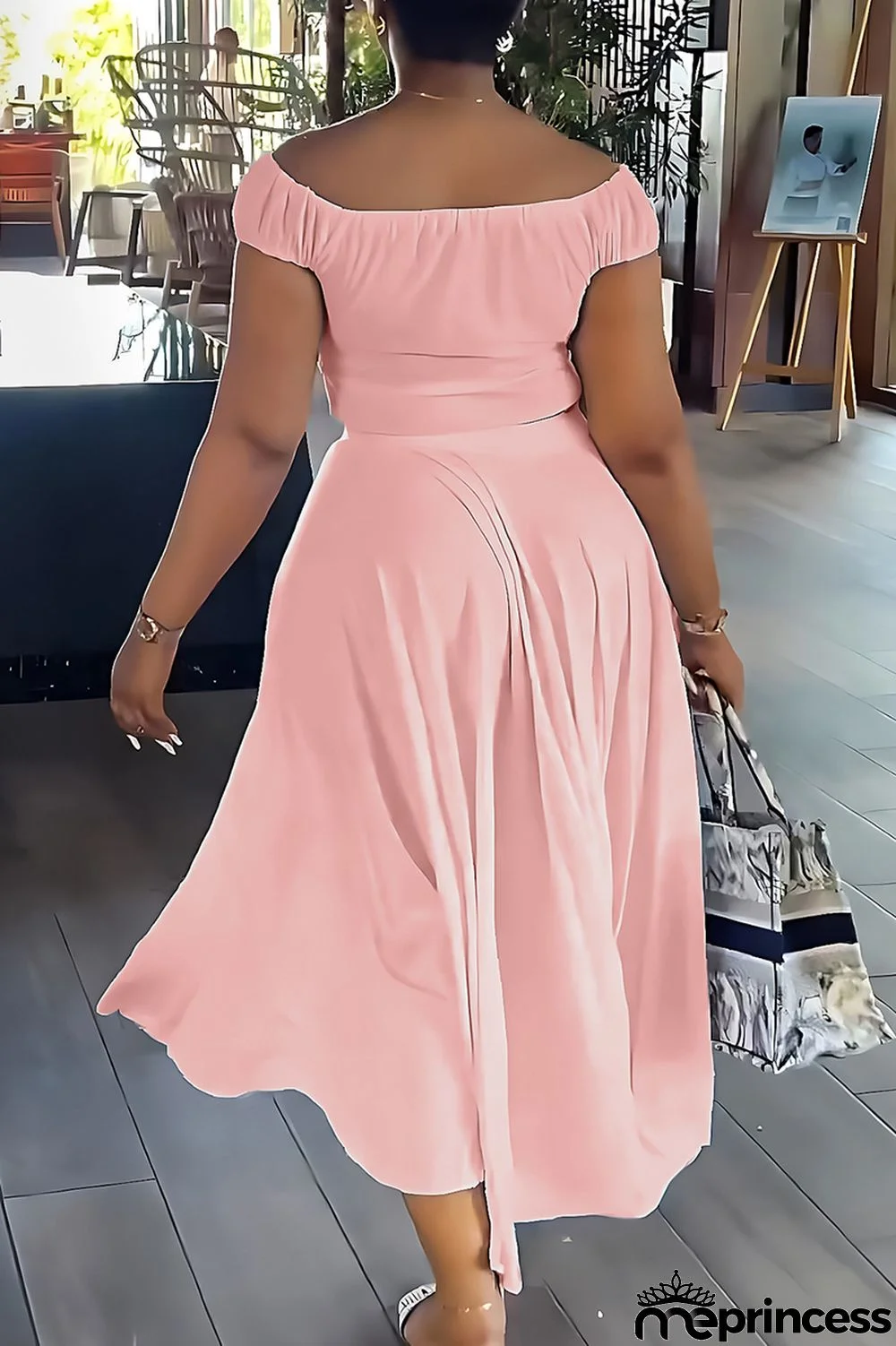 Blue Elegant Solid Patchwork Draw String Buckle Off the Shoulder Short Sleeve Two Pieces