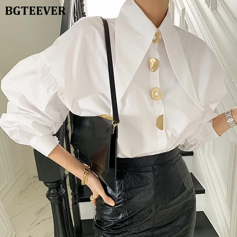 BGTEEVER Stylish Chic Lantern Sleeve Women White Shirts Blouses Spring Buttons Loose Female Shirts Tops Elegant Ladies Blusas