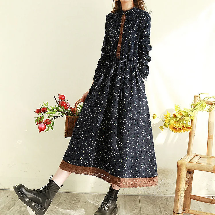 Retro Floral Lace Long Sleeve Midi Dress
