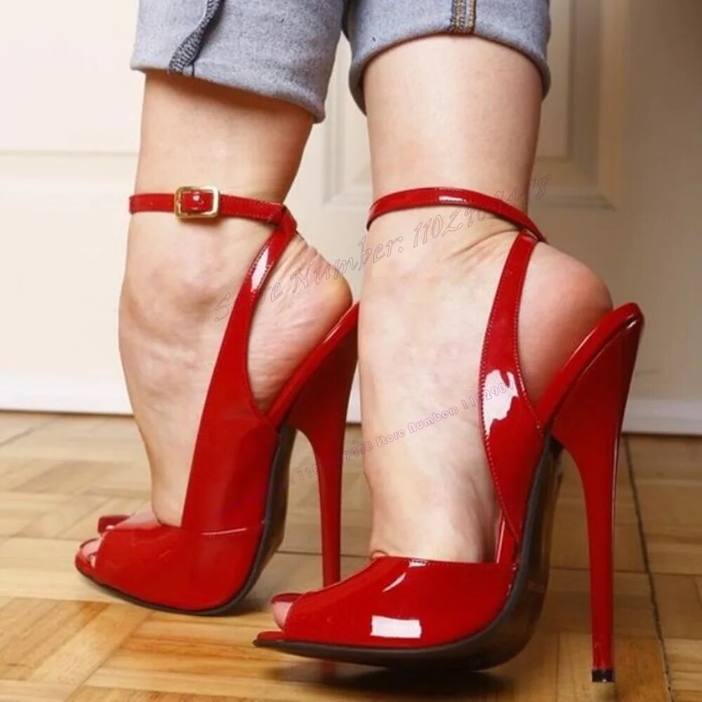 VCSHOES Red Back Strap Peep Toe Sandals Patent Leather Shoes For Women Extreme Thin High Heels Party Shoes Zapatos Para Mujere
