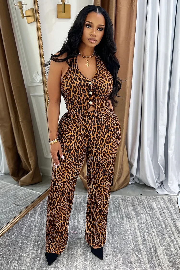 Leopard Print Asymmetric Hem Sleeveless Top Pants 2pcs Set-Brown