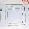 10 Pack | 8" Clear / Gold Wavy Rim Modern Square Plastic Dessert Plates, Disposable Salad Appetizer Party Plates