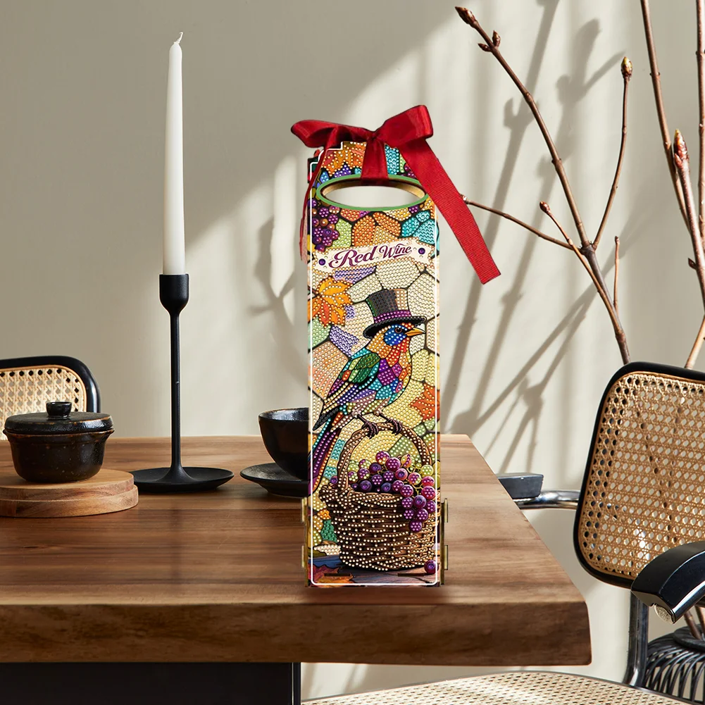 Wooden 5D/DIY Diamond Painting Art Wine Bag Kit for Party Wine Decor (Birds)