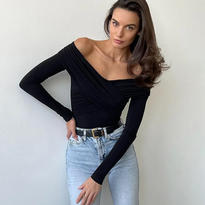 Uveng Uveng Spring Autumn New Temperament Fashion V Collar Off-Shoulder Splicing Long Sleeve Slim Joker Jumpsuit