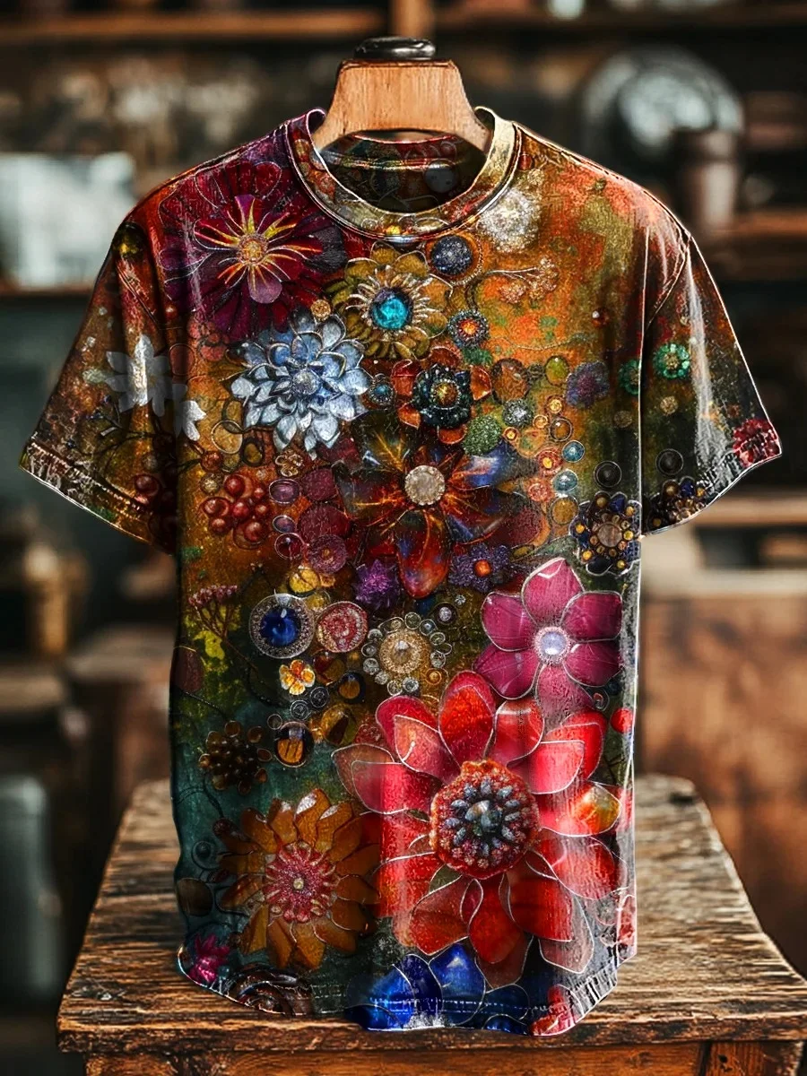 Eagerlys Unisex Retro Multicolor Floral Art Print T-shirt Eagerlys