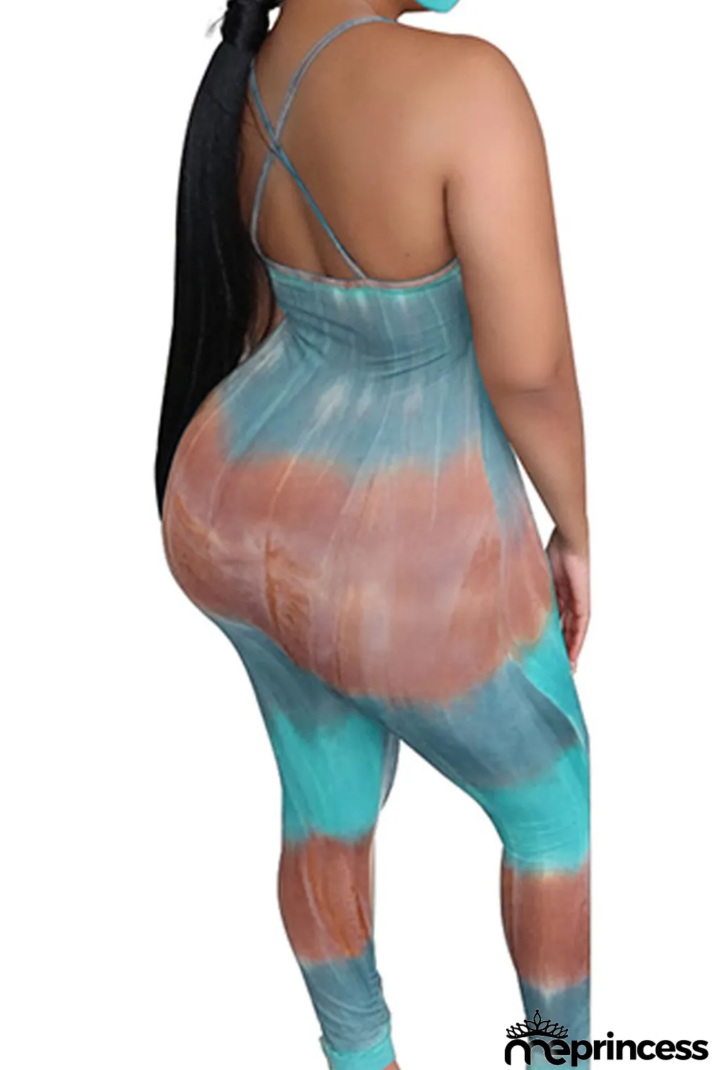 Blue Fashion Sexy Tie-dyed Sleeveless Slip Jumpsuits