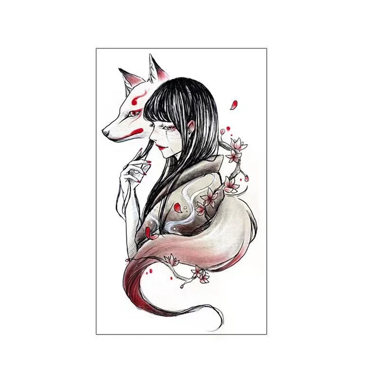 1PC Colorful Fox And Beautiful Girl Temporary Tattoo Stickers For Women Men Arm Waist Body Art Waterproof Fake Tatto Flash Decal