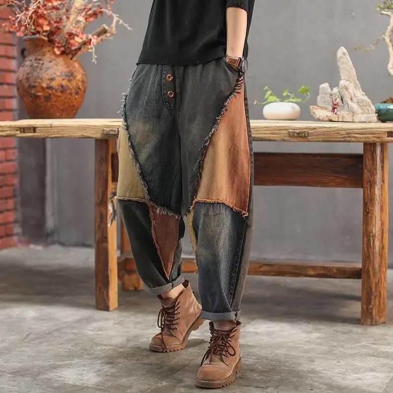 Brownm Women's High Waist Retro Harem Pants Jeans 2023 New Casual Fashion Harajuku Cotton Trousers Patchwork Wide Leg Radish