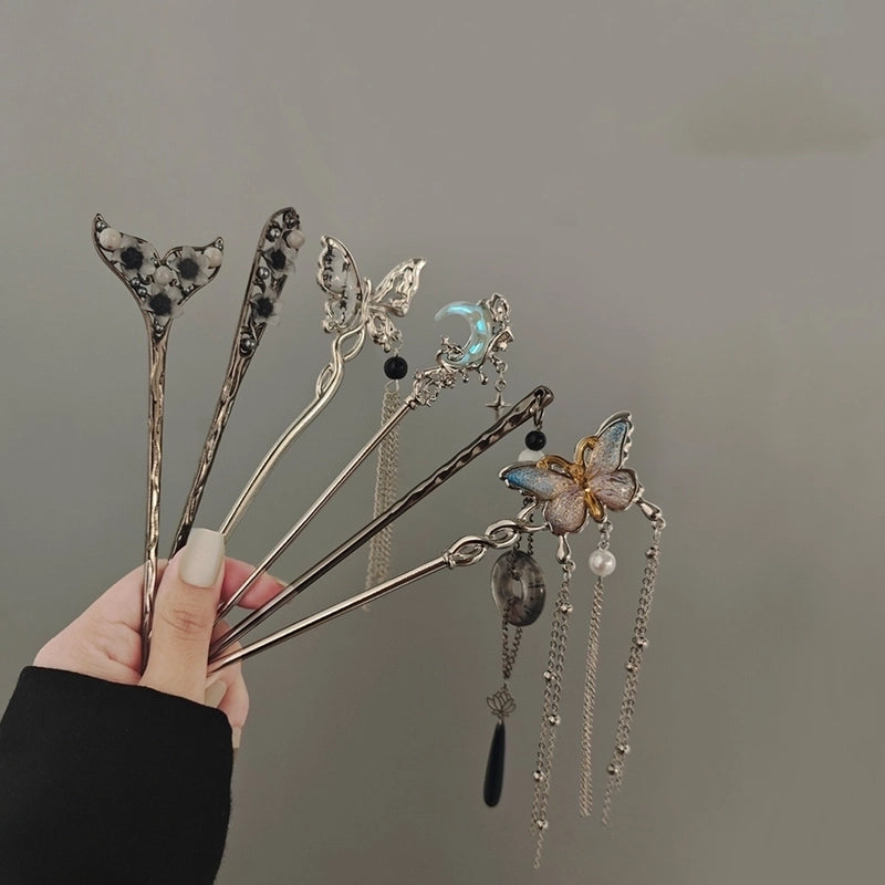 Women’s Chinoiserie Retro Flower Butterfly Fish Tail Alloy Tassel Inlay Pearl Hairpin