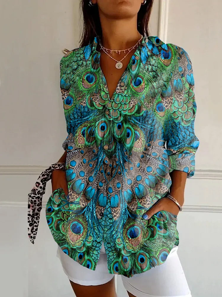 Vintage Peacock Feather Print Casual Long Sleeve Shirt