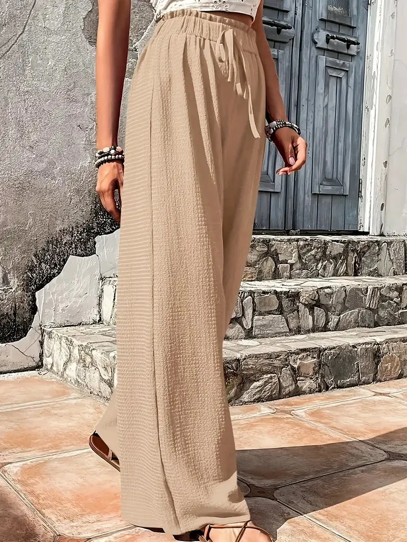 Brownm Color Casual Drawstring High Waist Pants