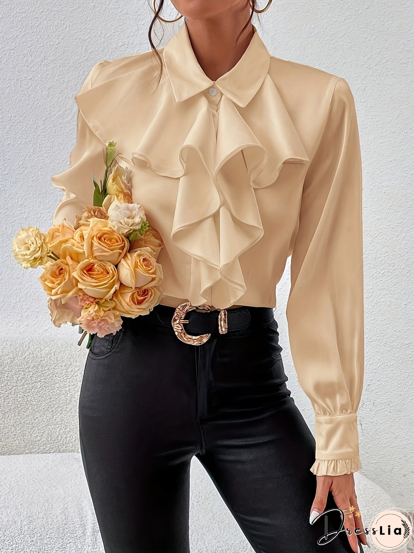 Ruffle Trim Solid Blouse, Elegant Long Sleeve Work Blouse, Women's Clothing