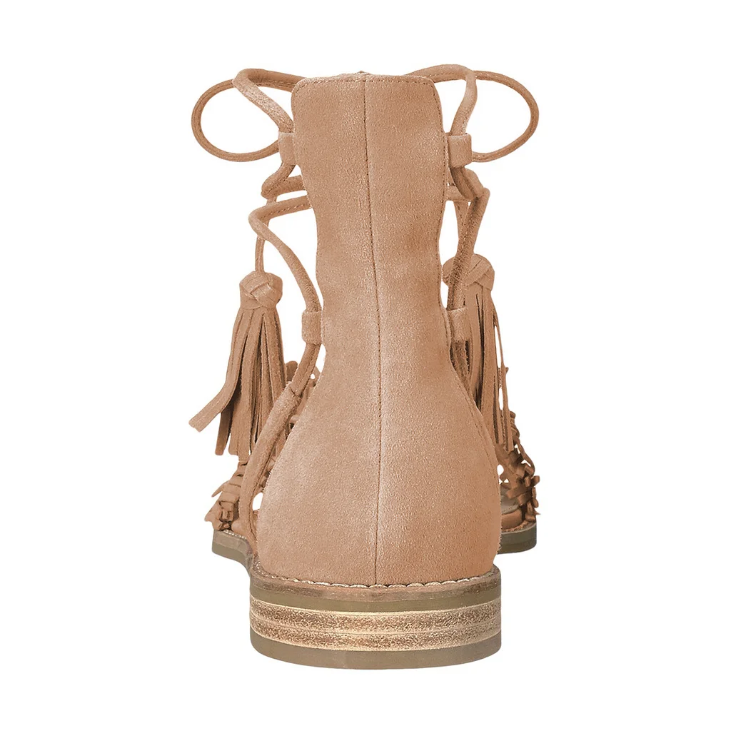 Women's Faux Suede Round Toe Lace-Up Flat Comfy Sandals in Beige