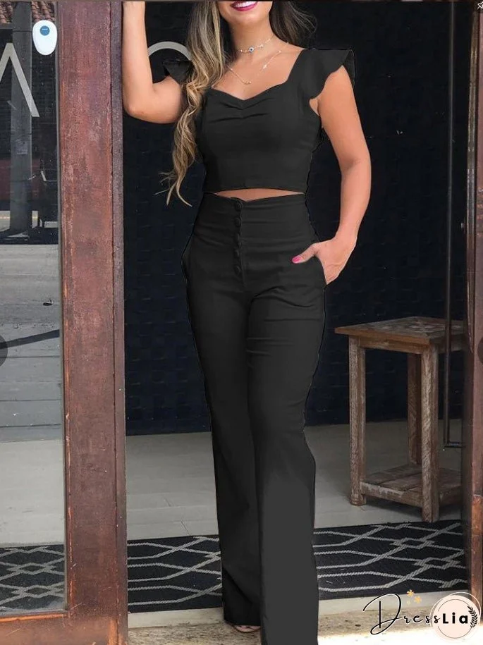 Women's Sets Ruffle Crop Top & Trousers Two-Piece Suit