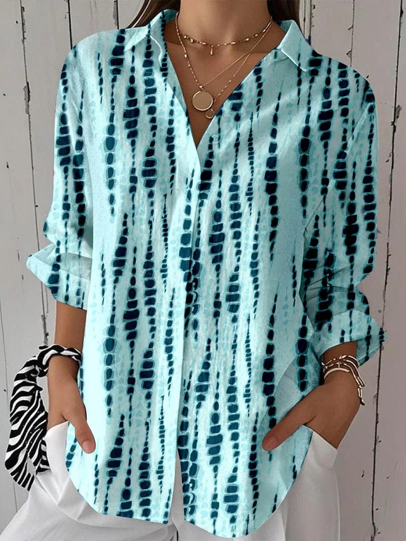 Women 3/4 Sleeve Shirt Collar Striped Printed Graphic Button Tops