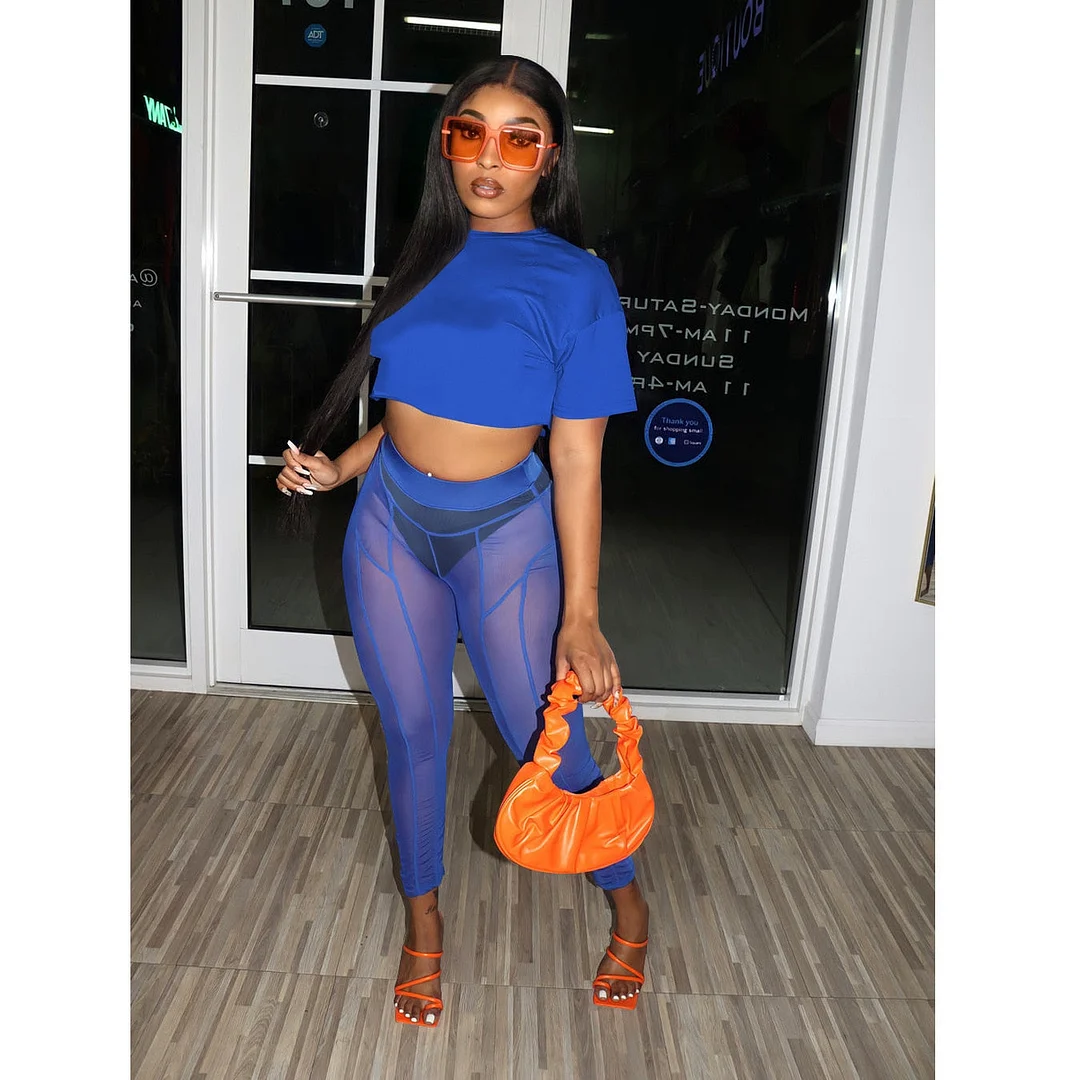CM.YAYA Beach Sexy Women 2pcs Set Short Sleeve Tee Mesh See Though Leggings Set Sweatsuit Tracksuit Two Piece Set Outfits 2022