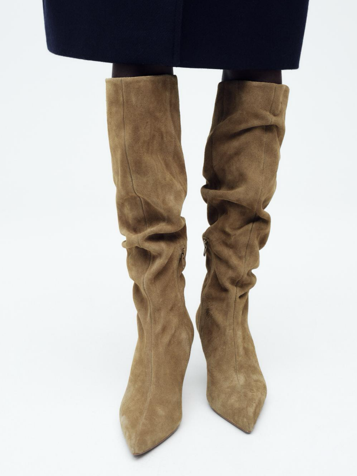 Taafo Brown Faux Suede Pointed-Toe Wide Mid Calf Tall Stiletto Boots