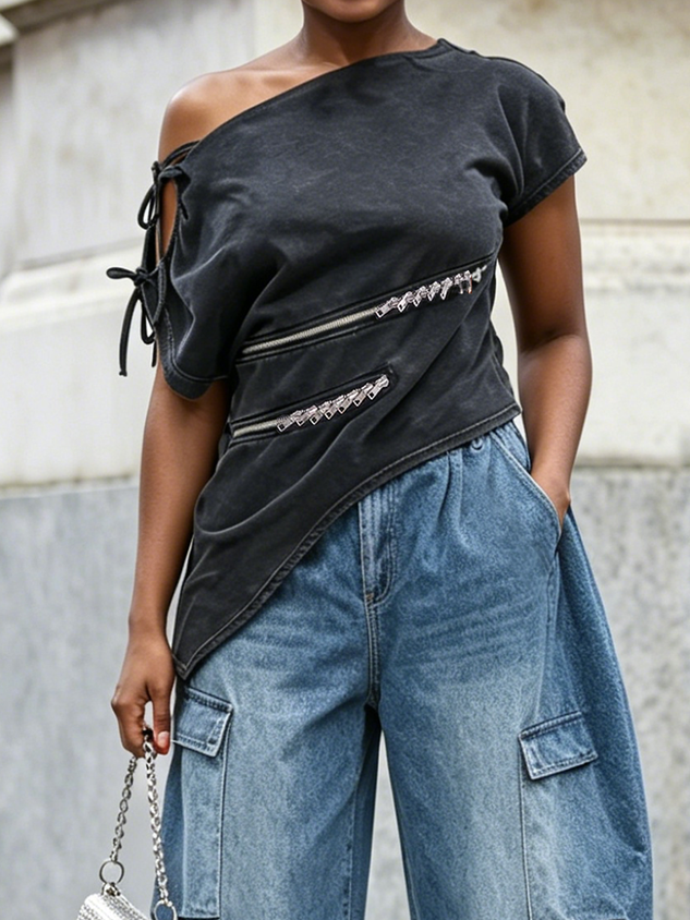 Urban Plain Zipper Asymmetrical Blouse mysite idetrend