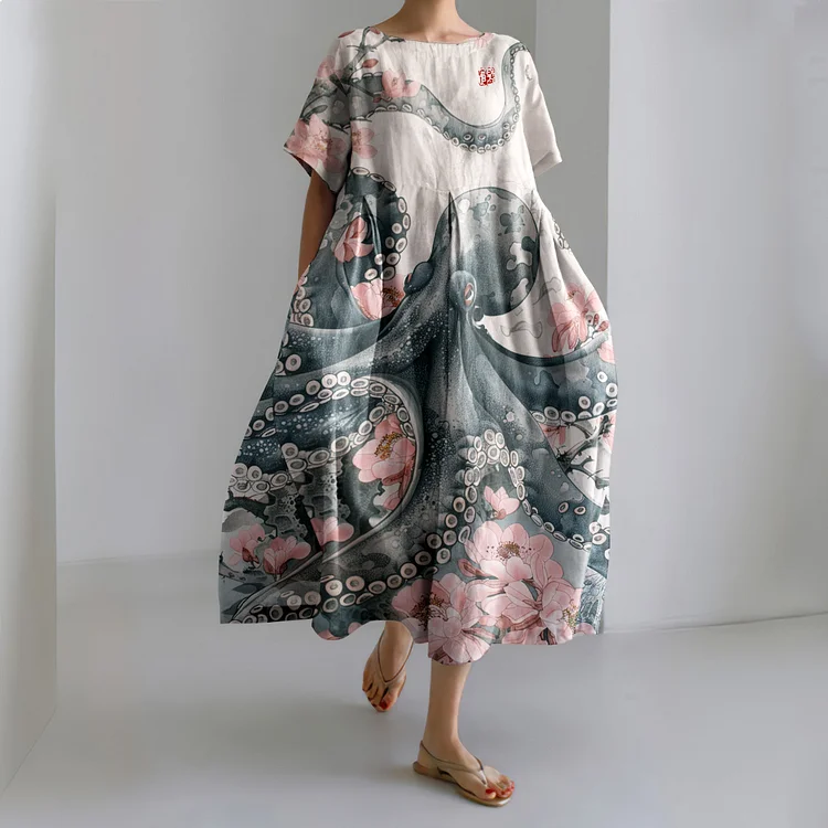 Vintage Octopus Cherry Blossom Painting Art Print Midi Dress