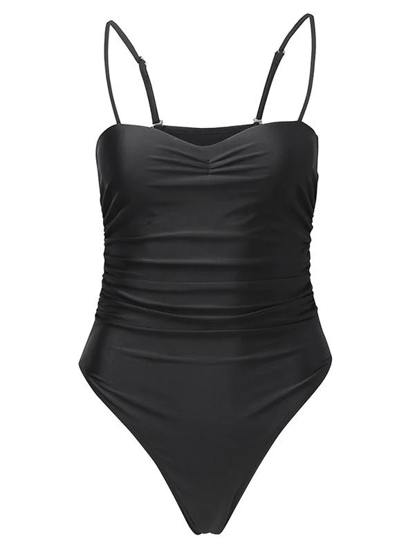 Gathered Spaghetti-Neck One-Piece Swimwear