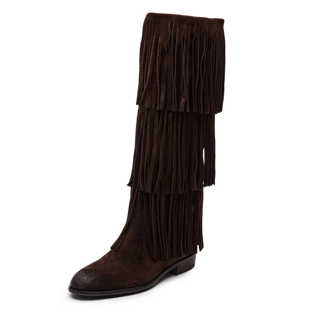 Stylish Vegan Suede Round Toe Flat Dark Brown Mid Calf Boots for Women