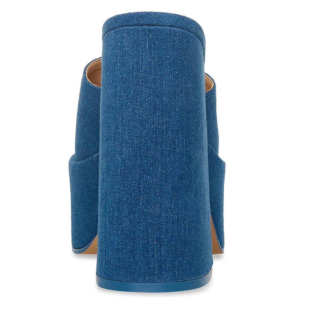 Blue Denim Square Toe Wide Band Platform Mules with Block Heel
