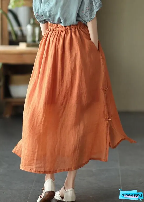 Women Blue Cinched Pockets Chinese Button Patchwork Cotton Skirts Summer