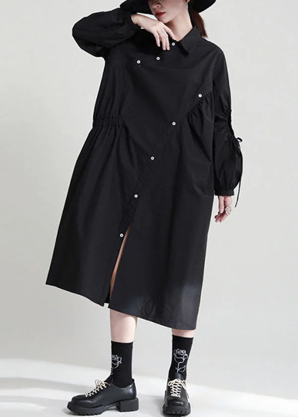 Plus Size Black Asymmetrical Cinched Solid Cotton Dresses