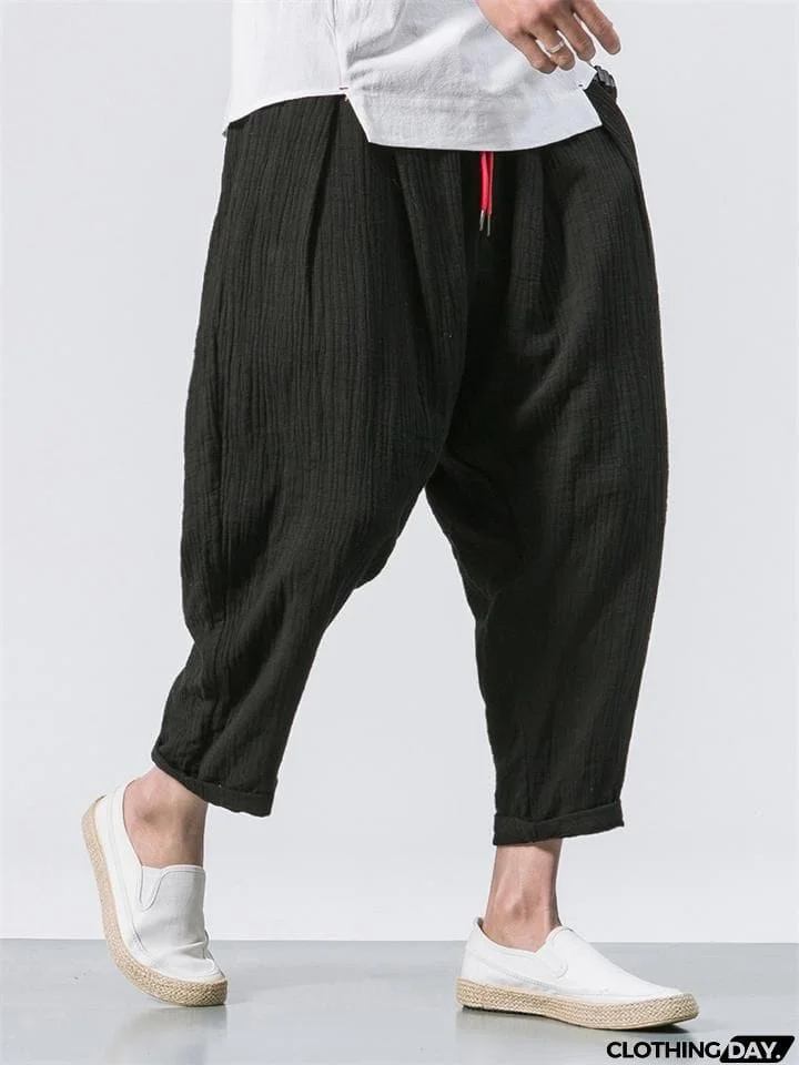 Men's Casual Loose Fashion Solid Color Linen Cropped Pants