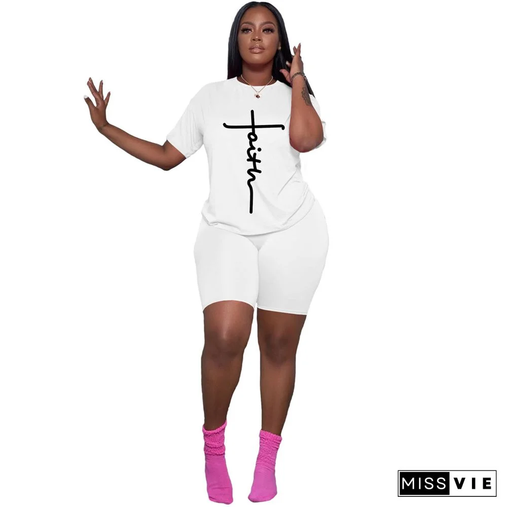 Letter Short Sleeve T Shirts and Shorts 2 Piece Outfits