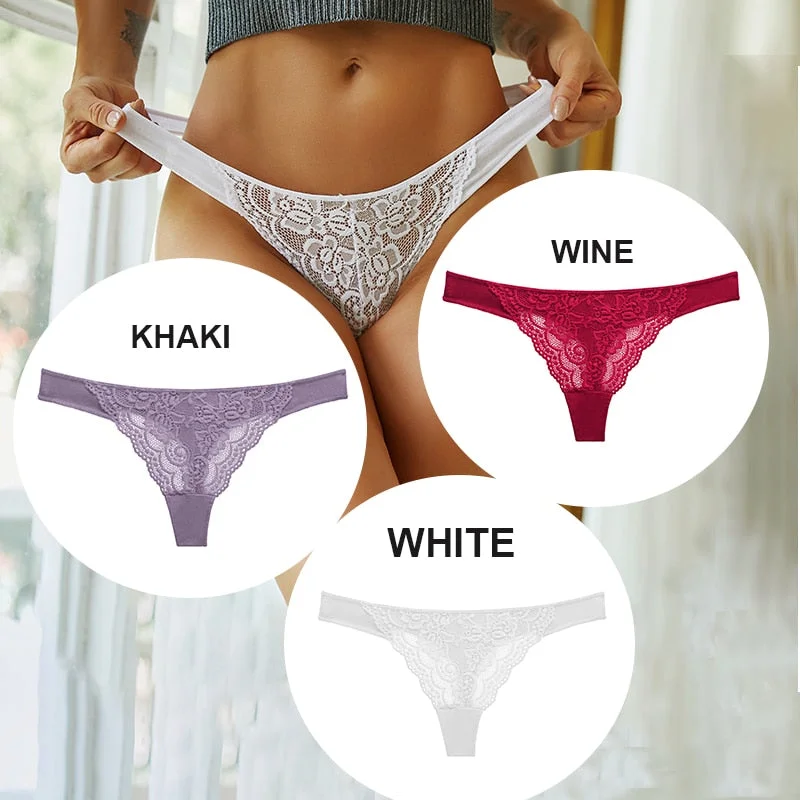 FINETOO 3PCS/Set M-XL Cotton G-string Women Lace Panties Sexy Woman Thong Underwear Lingerie Lace Pantys Femme T-Back Underpants
