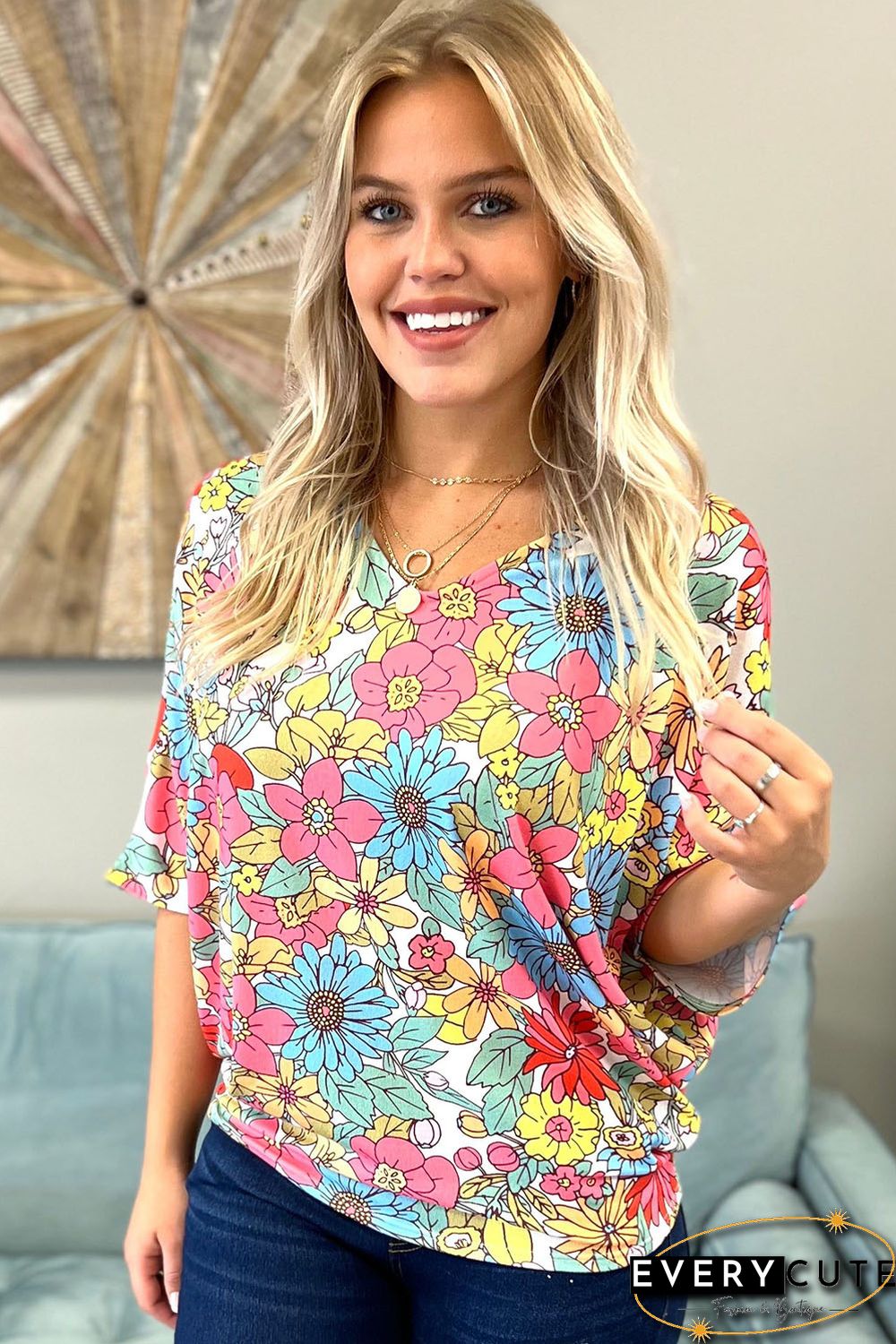 Multicolor Floral Print V Neck Half Sleeve Blouse