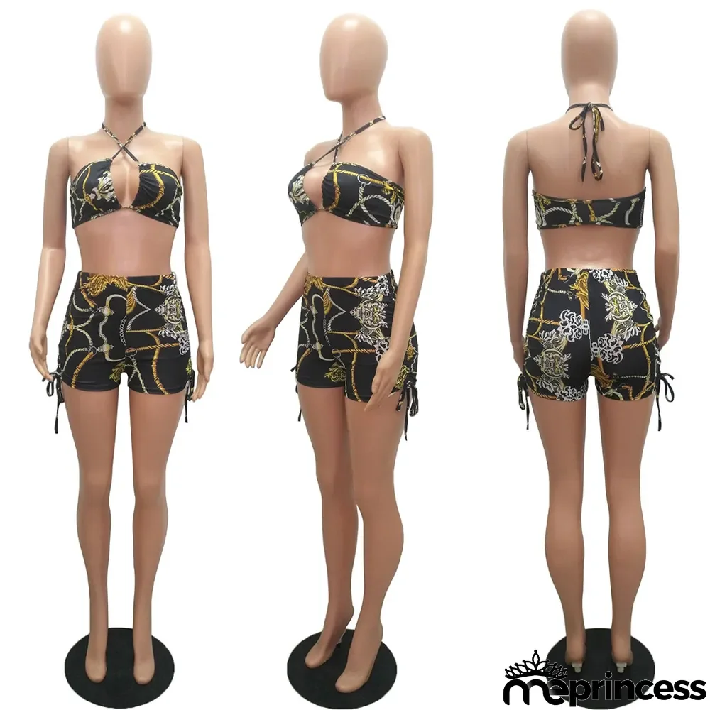 Sexy Printed Halter Two Piece Shorts Set