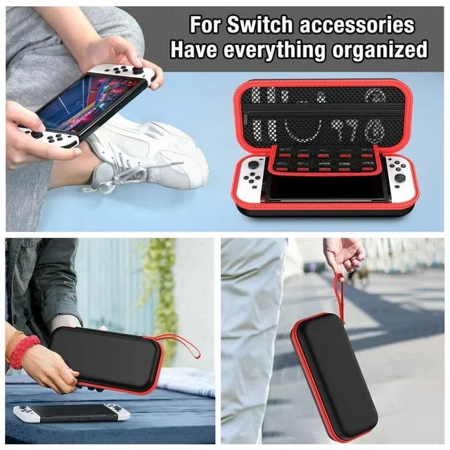 QQV Switch Carry Case Compatible with Switch OLED/Switch Console, Hard Shell Protective Portable Switch Carrying Case Travel Bag with Pockets for Accessories and with 10 Games Storage, Black