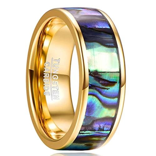 Women's Or Men's Tungsten Carbide Wedding Band Matching Rings,Gold Multi Color Rainbow Abalone Shell Inlay Ring  (Organic colors) Rings With Mens And Womens For Width 4MM 6MM 8MM 10MM