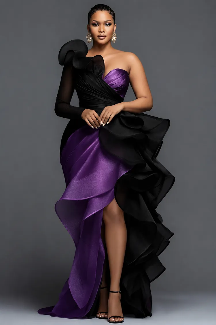 Xpluswear Design Plus Size Formal Purple Oblique Collar One Shoulder Long Sleeve Ruffle Elegant Asymmetric Hem Irregular Hem Maxi Dresses 2024 - Xpluswear